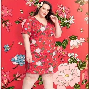 Betsey Johnson Red Floral Short Sleeve Shift Dress V Neck Plus Size 16W
